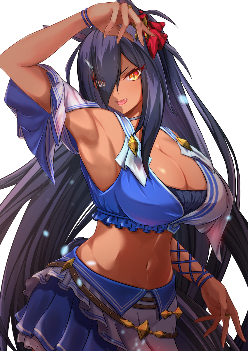 1girl absurdres animal_ears arm_up armpits black_hair blue_shirt blue_skirt bracelet breasts cleavage commentary_request cowboy_shot cropped_shirt dark-skinned_female dark_skin detached_sleeves ear_ornament eve_on_k eyes_visible_through_hair fang hair_ornament hair_over_one_eye hairclip highres hishi_amazon_(umamusume) horse_ears horse_girl horse_tail jewelry large_breasts long_hair long_sleeves looking_at_viewer midriff navel open_mouth red_eyes shirt simple_background skirt smile solo tail two-tone_shirt two-tone_skirt umamusume v-shaped_eyebrows very_long_hair white_background white_shirt white_skirt