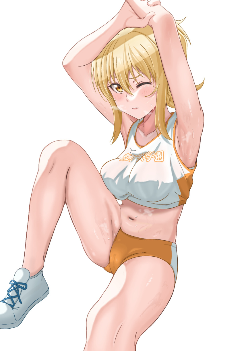 1girl armpits arms_up blonde_hair blush breasts breath buruma collarbone commentary commission crop_top gym_uniform highres leg_up looking_at_viewer love_live! love_live!_nijigasaki_high_school_idol_club medium_breasts midriff miyashita_ai navel one_eye_closed parted_lips pixiv_commission pokehikaxyz ponytail shadow shoes sidelighting simple_background sitting stairs steam steaming_body sweat thighs track_and_field white_background yellow_eyes