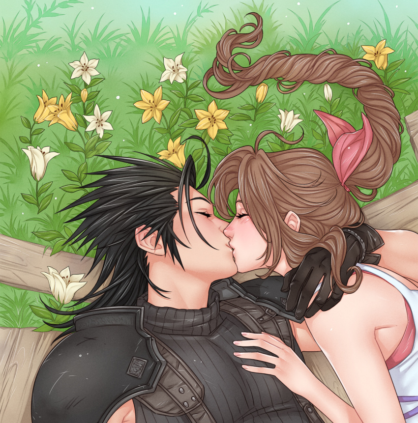 1boy 1girl aerith_gainsborough arm_around_neck armor bare_shoulders black_gloves black_hair braid braided_ponytail brown_hair closed_eyes commentary couple crisis_core_final_fantasy_vii crylin6 dress english_commentary final_fantasy final_fantasy_vii flower from_above gloves grass hair_ribbon hair_slicked_back hand_on_another's_chest hand_on_another's_shoulder highres kiss long_hair lying on_back on_side parted_bangs pink_ribbon profile ribbed_sweater ribbon shoulder_armor sidelocks sleeveless sleeveless_dress sleeveless_turtleneck spaghetti_strap spiked_hair sweater turtleneck turtleneck_sweater upper_body white_flower yellow_flower zack_fair