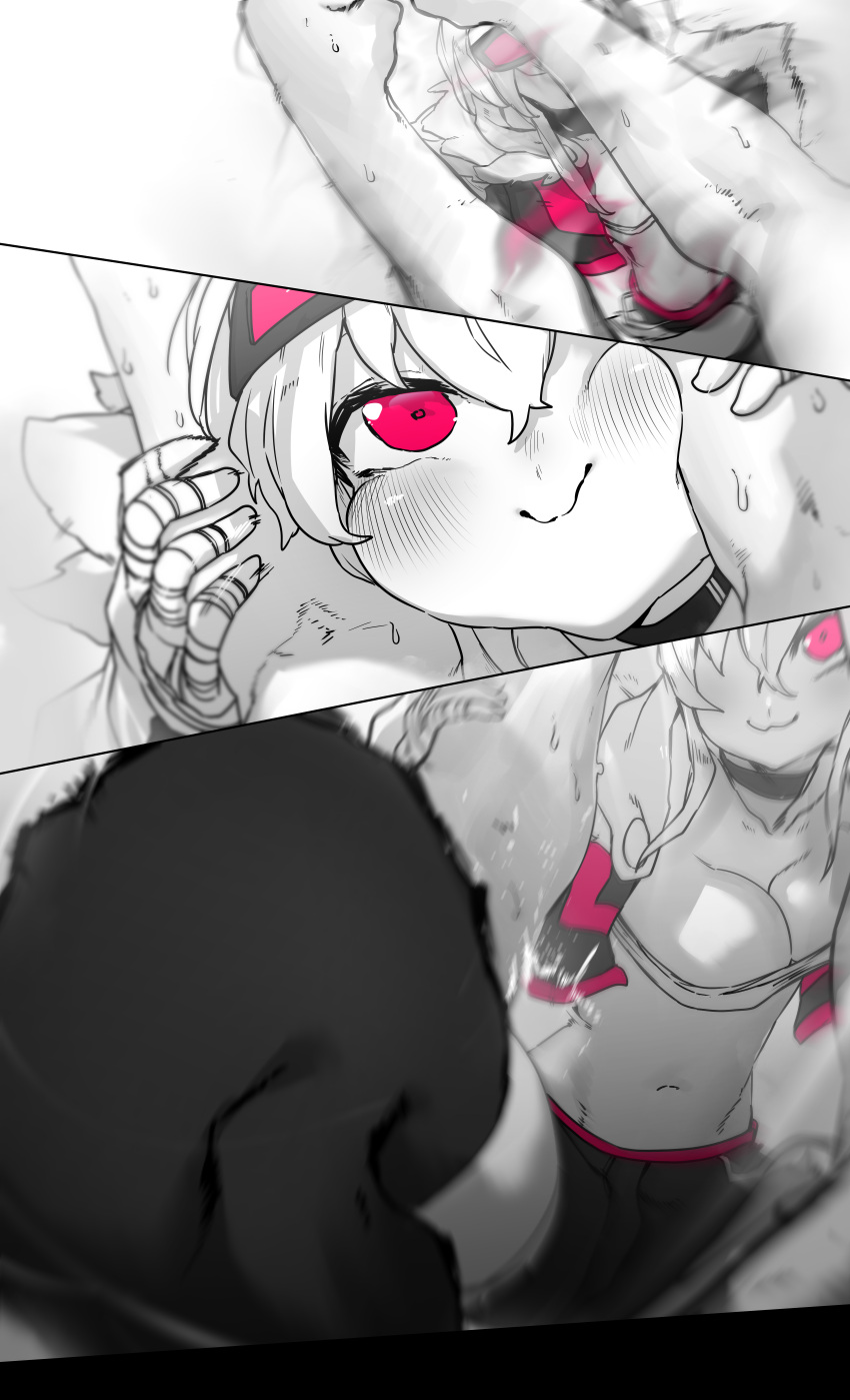 1boy 1girl :3 absurdres arm_grab bandaged_hand bandages battle black_choker black_thighhighs blocking blush breasts choker cleavage close-up cropped_jacket goggles goggles_on_head greyscale hair_over_one_eye highres knee_(attack) long_bangs midriff monochrome motion_blur motion_lines niwamaru_(niwarhythm) niwarhythm one_eye_closed original pink_eyes pink_trim puffy_cheeks smile squeezing_cheeks strapless sweat thighhighs tube_top