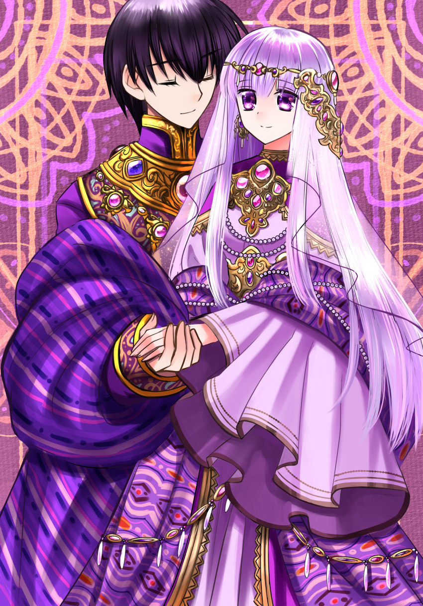 1boy 1girl 74 alternate_costume black_hair circlet closed_eyes closed_mouth commentary_request commission dress fire_emblem fire_emblem:_genealogy_of_the_holy_war formal gold_trim hair_between_eyes highres holding_hands husband_and_wife jewelry julia_(fire_emblem) long_hair looking_at_another purple_background purple_dress purple_eyes purple_hair purple_shirt scathach_(fire_emblem) see-through shirt short_hair skeb_commission smile veil wide_sleeves