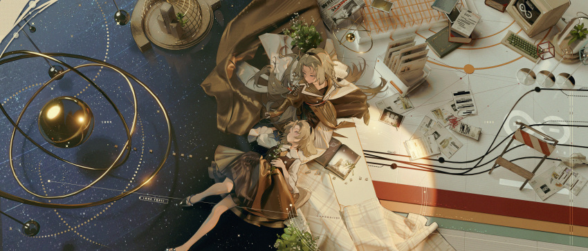 2girls absurdres aged_down animal_ears arknights armillary_sphere artist_name astronomy black_dress blue_eyes book cameo closed_eyes collared_shirt dog_ears dog_girl dress floppy_ears flower from_above highres ho'olheyak_(arknights) ifrit_(arknights) keyboard_(computer) kristen_(arknights) light_brown_hair long_sleeves lying magallan_(arknights) medium_hair monitor muelsyse_(arknights) multiple_girls newspaper on_back open_book orbital_path paper pinafore_dress plant rhine_lab_logo saria_(arknights) shirt silence_(arknights) sleeping sleeveless sleeveless_dress toto_(caaaaarrot) typhon_(arknights) white_flower white_shirt