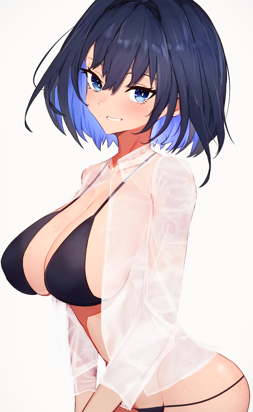 1girl bikini black_bikini blue_eyes blue_hair blush breasts collarbone commentary getto grin hair_between_eyes hair_intakes highres hololive hololive_english large_breasts looking_at_viewer ouro_kronii see-through see-through_shirt shirt short_hair sideboob simple_background smile solo standing swimsuit symbol-only_commentary teeth virtual_youtuber wet wet_clothes wet_shirt white_background white_shirt