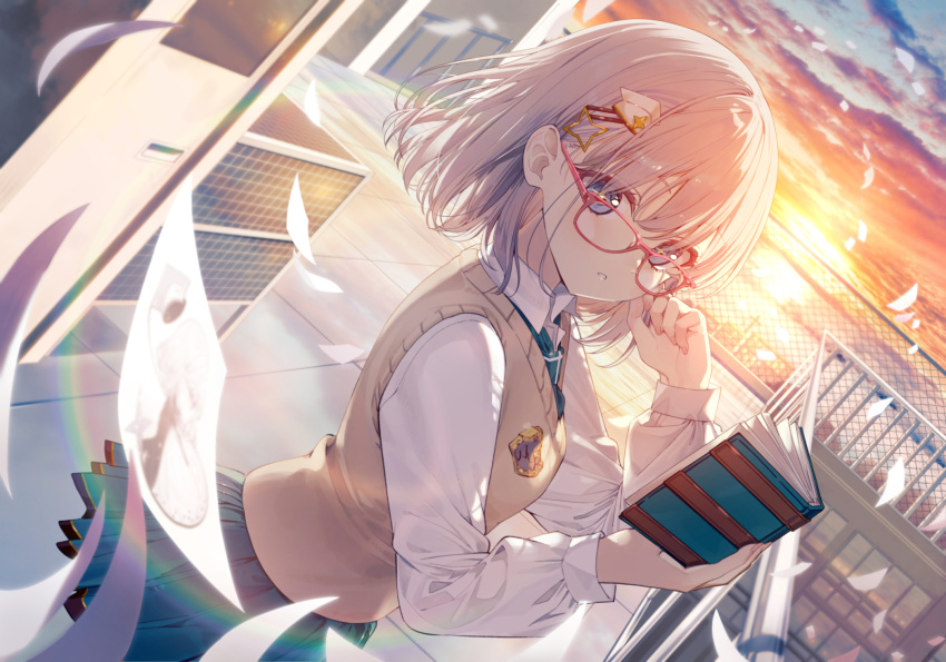 1girl a20_(atsumaru) blue_eyes book breasts character_request cloud cloudy_sky commentary_request copyright_request cowboy_shot floating glasses hair_ornament hairclip highres holding holding_book lens_flare light_brown_hair light_particles long_sleeves looking_at_viewer medium_hair necktie official_art open_book outdoors paper parted_lips pleated_skirt red-framed_eyewear rooftop school_uniform skirt sky small_breasts solo sunset sweater_vest wind