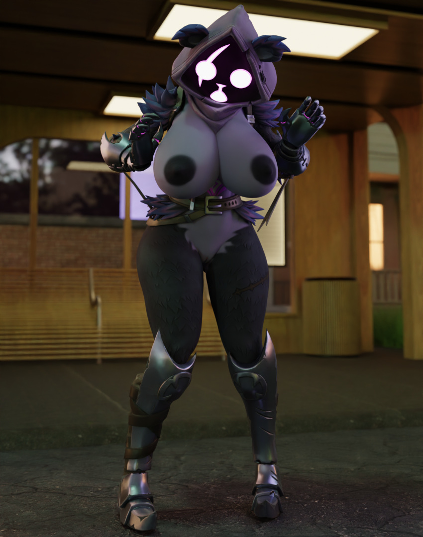 3d_(artwork) akittu anthro areola bear big_breasts black_areola black_body black_ears black_fur black_nipples blender_(software) blender_cycles breasts bus_stop clothing digital_media_(artwork) epic_games eye_scar facial_scar female fortnite fur fur_markings genitals grey_body grey_clothing grey_fur hi_res mammal markings multicolored_body multicolored_fur nipples nude outside public purple_body purple_fur pussy raven_team_leader scar solo two_tone_body two_tone_fur