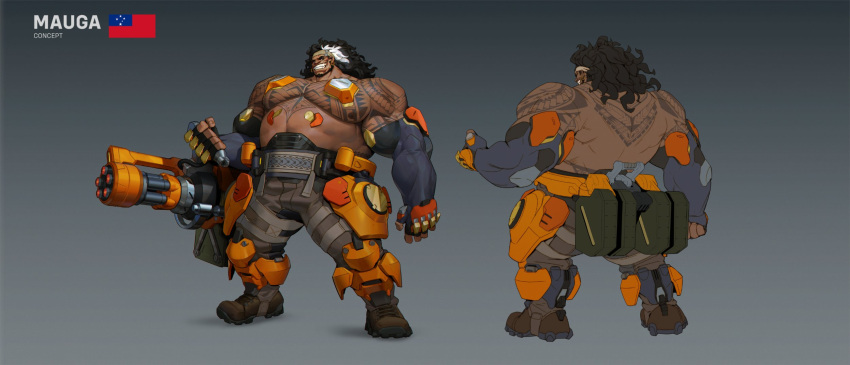 back bara bare_pectorals black_hair character_name concept_art english_commentary english_text fingerless_gloves flag full_body gatling_gun gloves grey_background hawaiian_flag highres large_pectorals mauga_(overwatch) official_art overwatch overwatch_2 pectorals qiu_fang smile standing tattoo topless_male