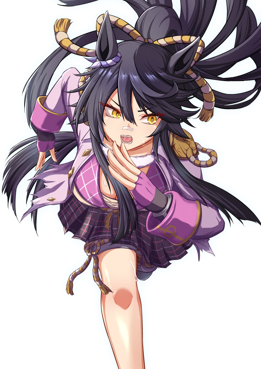 1girl absurdres animal_ears black_hair black_skirt breasts chest_sarashi commentary_request ear_ornament eve_on_k fingerless_gloves gloves highres horse_ears horse_girl horse_tail jacket large_breasts long_hair narita_brian_(umamusume) open_clothes open_jacket open_mouth pink_gloves plaid plaid_skirt ponytail rope running sarashi shimenawa simple_background skirt solo tail teeth umamusume v-shaped_eyebrows very_long_hair white_background white_jacket yellow_eyes
