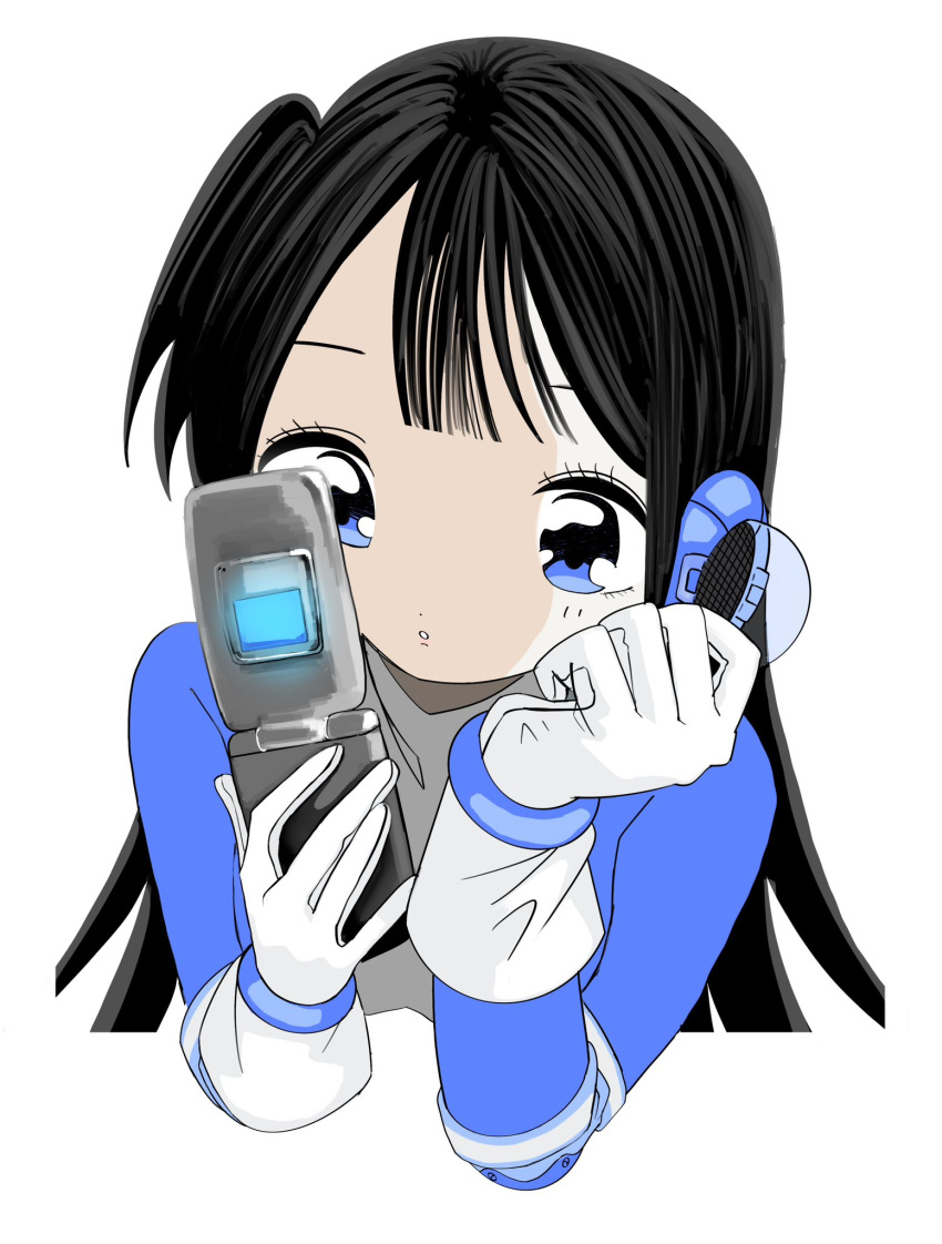 1girl black_hair blue_eyes cellphone commentary flip_phone gloves headgear highres holding holding_phone long_hair long_sleeves multicolored_hair one_side_up original outside_border parted_lips phone simple_background solo streaked_hair symbol-only_commentary upper_body urokogaran white_background white_gloves