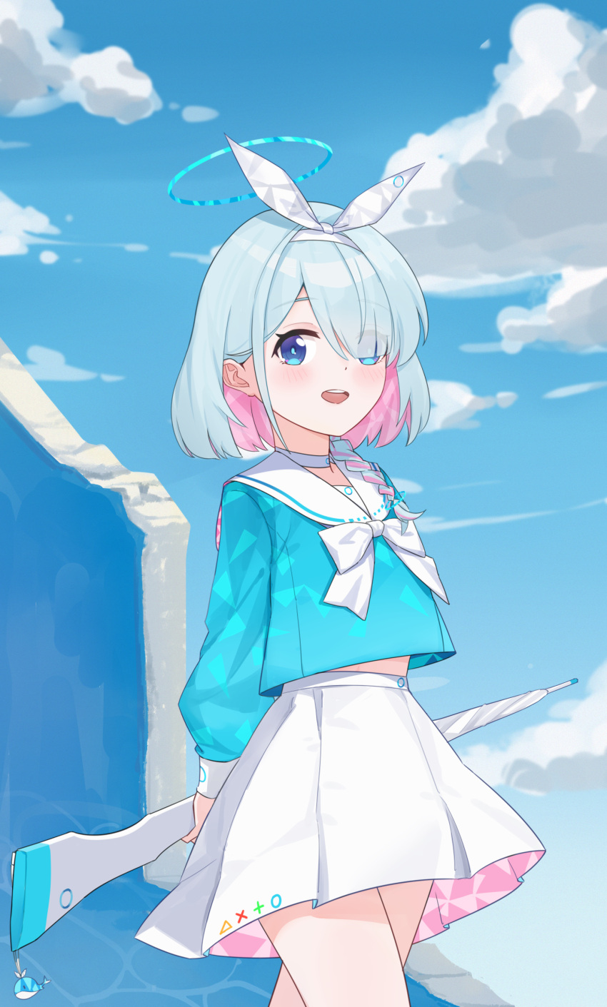 1girl absurdres arms_behind_back arona_(blue_archive) blue_archive blue_eyes blue_hair blue_shirt blue_sky blush braid choker cloud cloudy_sky colored_inner_hair commentary cowboy_shot hair_over_one_eye hair_ribbon highres holding holding_umbrella looking_at_viewer midriff_peek multicolored_hair ni_de_pengyou one_eye_covered open_mouth outdoors pink_hair ribbon sailor_collar school_uniform serafuku shirt short_hair skirt sky smile solo standing streaked_hair umbrella white_choker white_ribbon white_sailor_collar white_skirt