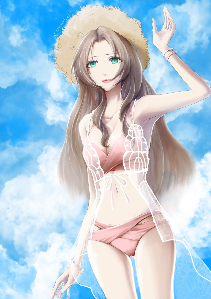 1girl aerith_gainsborough amemori_0207 bikini blue_sky bracelet breasts brown_hair cleavage closed_mouth cloud cloudy_sky final_fantasy final_fantasy_vii final_fantasy_vii_ever_crisis final_fantasy_vii_remake green_eyes hand_up hat highres jewelry lace long_hair medium_breasts midriff navel official_alternate_costume outdoors parted_bangs pink_bikini pink_lips sidelocks sky smile solo straw_hat swimsuit thigh_gap wavy_hair