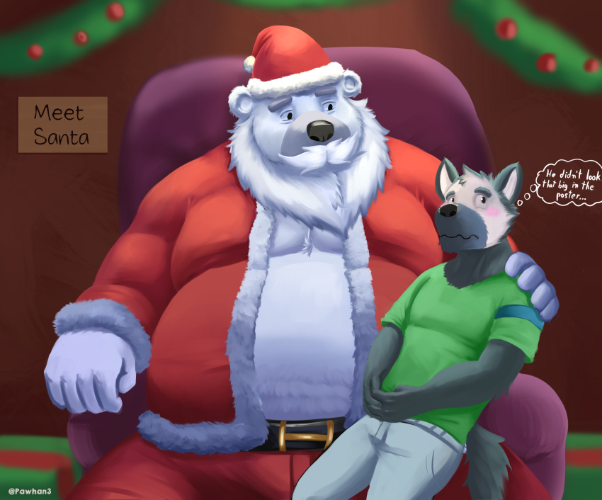 2023 anthro beard belly big_belly blush bottomwear canid canine chair christmas christmas_clothing christmas_headwear clothing costume detailed_background duo english_text facial_hair fur furniture hat headgear headwear hi_res holidays male mammal mature_male mustache overweight overweight_male pants pawhan3 santa_claus santa_costume santa_hat shirt sitting size_difference text topwear white_body white_fur