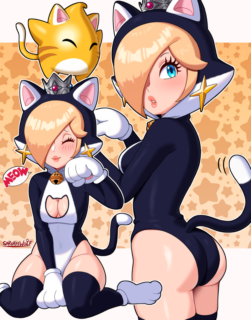 1girl 1other absurdres adapted_costume animal_costume animal_hands animal_hood ass bell black_thighhighs blonde_hair blue_eyes blush breasts cat_costume cat_cutout cat_hood cat_rosalina cleavage cleavage_cutout clothing_cutout crown earrings eyelashes gloves hair_over_one_eye highres hood jewelry leotard luma_(mario) mario_(series) mini_crown neck_bell paw_gloves paw_pose paw_shoes rosalina sarukaiwolf smile speech_bubble star_(symbol) star_earrings super_bell super_mario_3d_world thighhighs