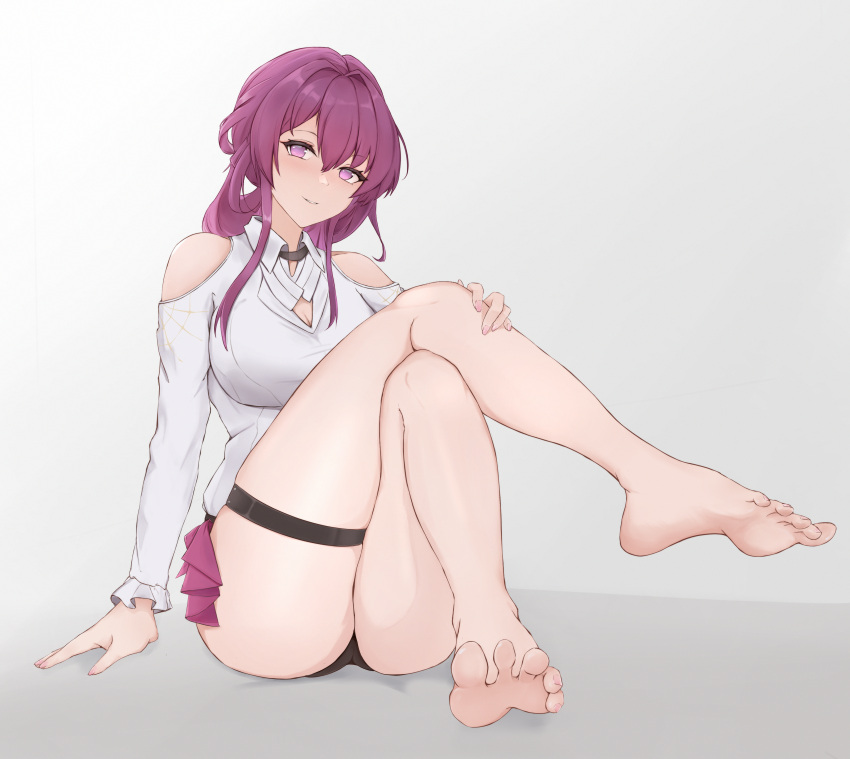 1girl absurdres bare_legs barefoot black_panties breasts clothing_cutout collared_shirt commentary crossed_legs dorsiflexion feet full_body gradient_background grey_background hair_between_eyes hand_on_own_leg highres honkai:_star_rail honkai_(series) impossible_clothes impossible_shirt kafka_(honkai:_star_rail) large_breasts legs long_hair looking_at_viewer nail_polish no_pants on_ground panties parted_lips pink_nails purple_eyes purple_hair shadow shirt shoulder_cutout sidelocks sitting soles solo sotiark thigh_strap thighs toenail_polish toenails toes underwear white_shirt