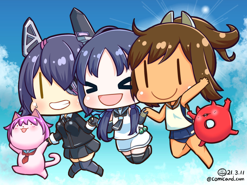 &gt;_&lt; abyssal_ship animalization black_gloves black_jacket black_neckerchief black_sailor_collar black_skirt black_thighhighs blue_eyes blue_hair blue_one-piece_swimsuit brown_eyes brown_hair cat checkered_necktie chibi dark-skinned_female dark_skin elbow_gloves enemy_lifebuoy_(kancolle) eyepatch gloves grin headgear i-401_(kancolle) jacket jumping kantai_collection long_hair low_twintails neckerchief necktie one-piece_swimsuit ponytail purple_hair sailor_collar school_uniform serafuku shiromaru_(maniado) shirt short_hair skirt sleeveless sleeveless_shirt smile suzukaze_(kancolle) swimsuit swimsuit_under_clothes tama_(kancolle) tan tenryuu_(kancolle) thighhighs twintails white_shirt white_skirt