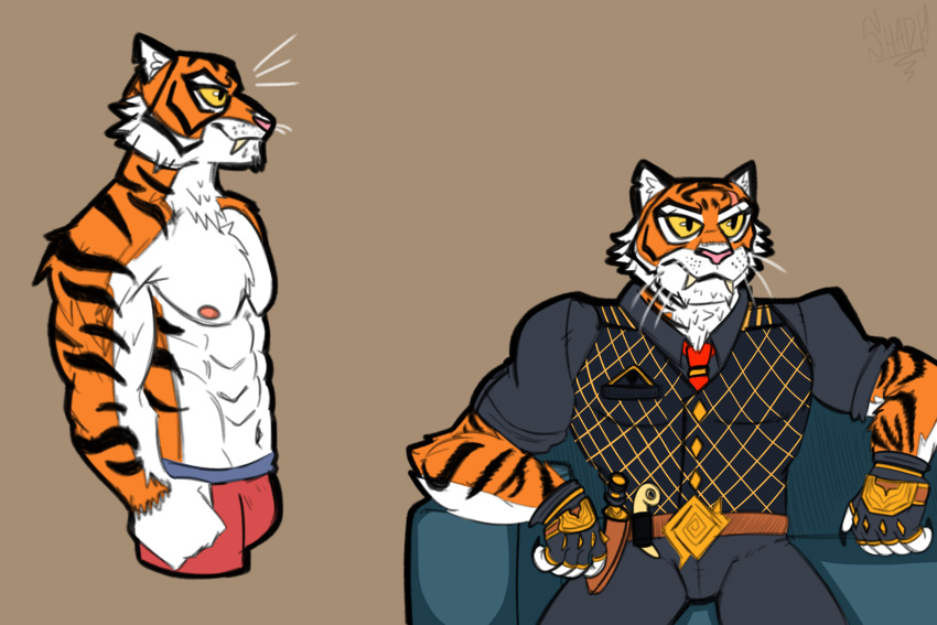 anthro boxers_(clothing) bulge carnivore clothing epic_games felid feline fortnite hi_res male mammal oscar_(fortnite) pantherine shadydaone solo tiger underwear