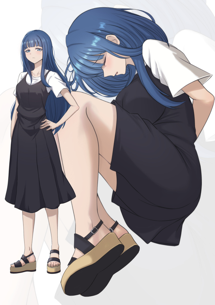 1girl absurdres arms_behind_back black_dress blue_eyes blue_hair blunt_bangs blush breasts closed_eyes commentary commission dress english_commentary feet full_body ghhoward grey_background hand_on_own_hip highres knees_up large_breasts legs long_hair magia_record:_mahou_shoujo_madoka_magica_gaiden mahou_shoujo_madoka_magica multiple_views nanami_yachiyo open_mouth pixiv_commission platform_footwear pleated_dress restrained sandals shirt short_sleeves toenails toes white_shirt zoom_layer