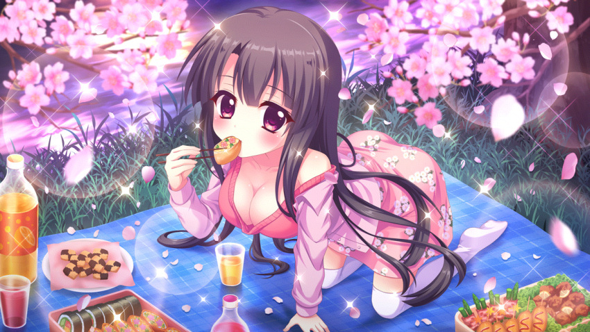 1girl all_fours ass bento black_hair blanket bottle breasts checkerboard_cookie cherry_blossoms cleavage collarbone cookie cup downblouse eating film_grain floral_print food food_request from_above game_cg grass hanami ichikishima_mizuha izumi_tsubasu large_breasts lens_flare long_hair long_sleeves looking_at_viewer napkin night non-web_source official_art open_clothes open_shirt orange_juice outdoors picnic pink_shirt pink_skirt plate print_skirt purple_hair purple_shirt re:stage! shirt single_off_shoulder skirt solo sparkle straight_hair sushi thighhighs tree unbuttoned water white_thighhighs