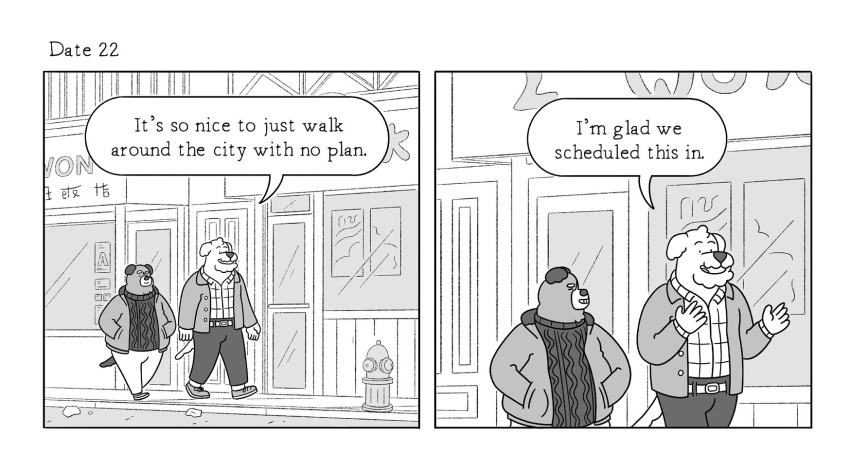 2023 anthro belly big_belly bottomwear canid canine canis clothing comic detailed_background dialogue domestic_dog dot_eyes duo english_text hi_res lukehealy male mammal outside overweight overweight_male pants shirt sweater text topwear walking