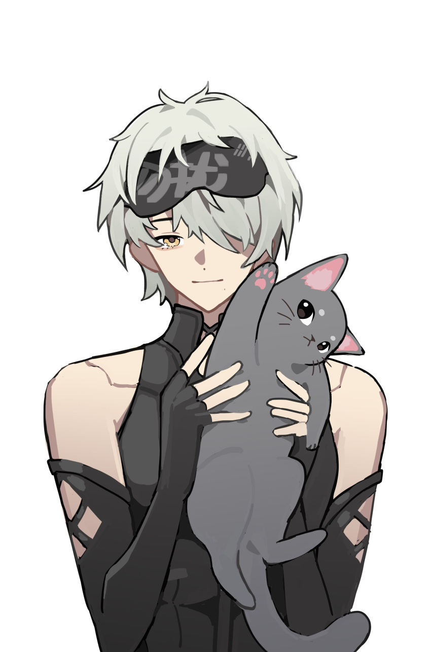 1boy absurdres alternate_costume animal bags_under_eyes bare_shoulders black_gloves black_tank_top cat chinese_commentary commentary cowlick elbow_gloves fingerless_gloves gloves grey_cat grey_hair hair_over_one_eye highres holding holding_animal holding_cat looking_at_viewer male_focus maploon mask mask_on_head mole mole_under_mouth one_eye_covered punishing:_gray_raven seams simple_background skin_tight sleep_mask solo straight-on tank_top unkempt upper_body wanshi_(punishing:_gray_raven) white_background yellow_eyes