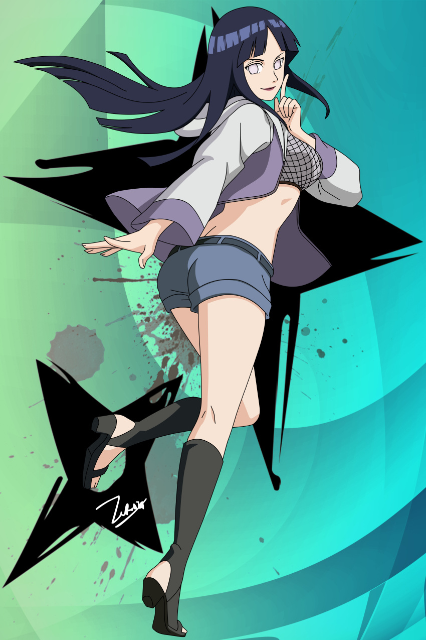 1girl absurdres blue_hair blunt_bangs boots breasts fishnet_top fishnets full_body grey_eyes grey_jacket high_heel_boots high_heels highres hood hood_down hyuuga_hinata jacket large_breasts long_hair multicolored_clothes multicolored_jacket naruto naruto_(series) no_pupils open_clothes open_jacket purple_jacket short_shorts shorts smile solo two-tone_jacket white_eyes zero024