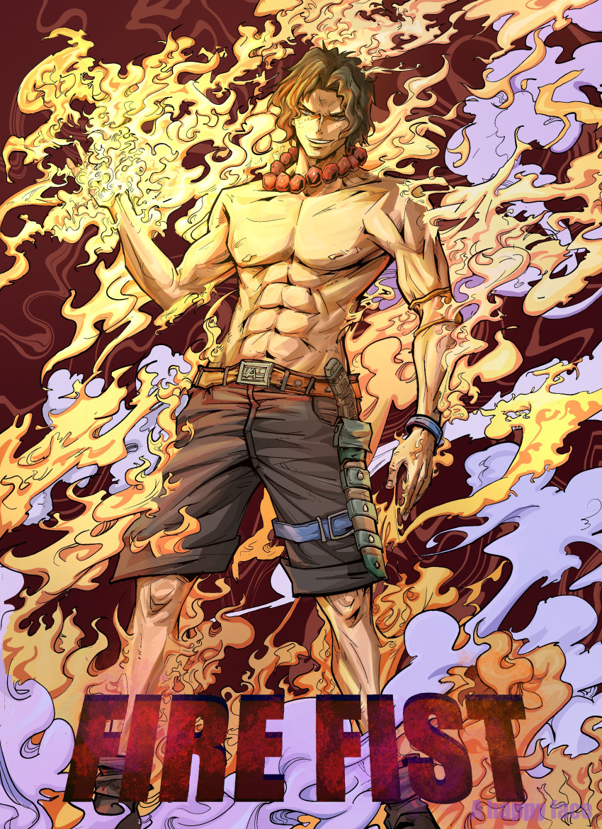 1boy abs absurdres artist_name bead_necklace beads black_hair commentary_request english_text fire freckles highres jewelry male_focus necklace one_piece open_mouth portgas_d._ace short_hair smile solo standing teeth topless_male zahappyface