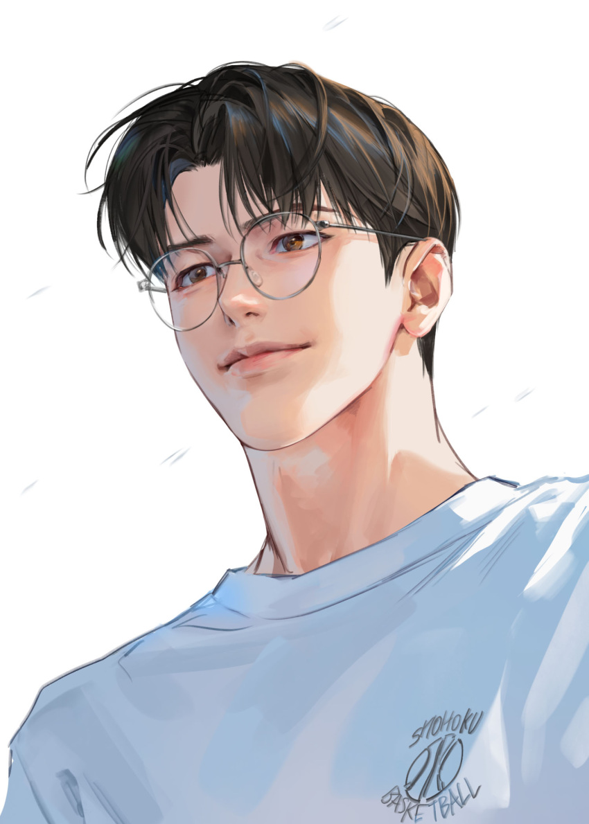 1boy bishounen brown_eyes brown_hair closed_mouth glasses grey-framed_eyewear highres kogure_kiminobu male_focus nolja_cz parted_bangs portrait shirt short_hair simple_background slam_dunk_(series) smile solo white_background white_shirt