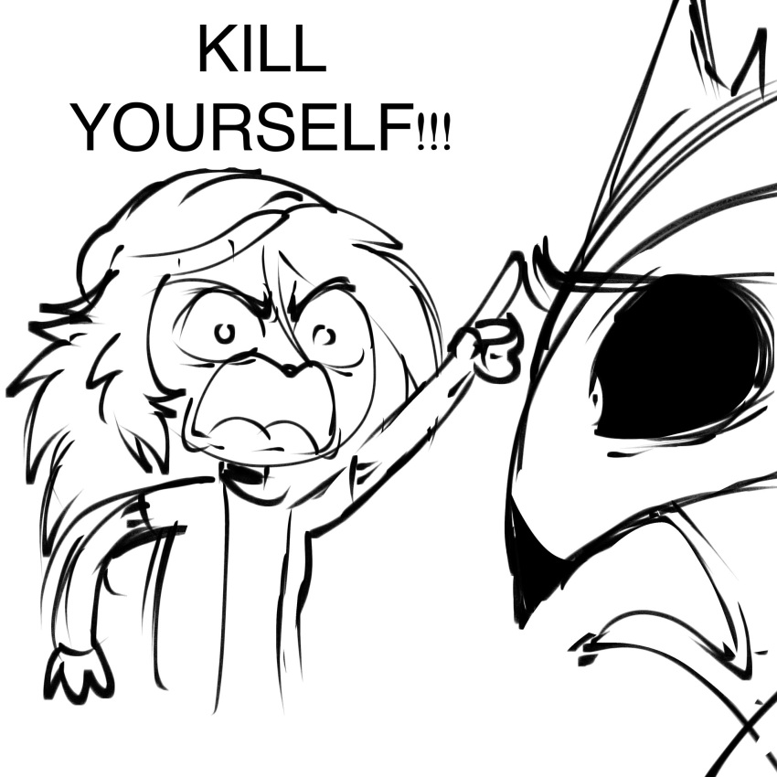 angry anthro avian avian_demon beanie bird black_text clothing crown demon dialogue duo female hair hat headgear headwear helluva_boss hi_res long_hair male octavia_(helluva_boss) owl owl_demon paimon_(helluva_boss) simple_background teathekook text white_background