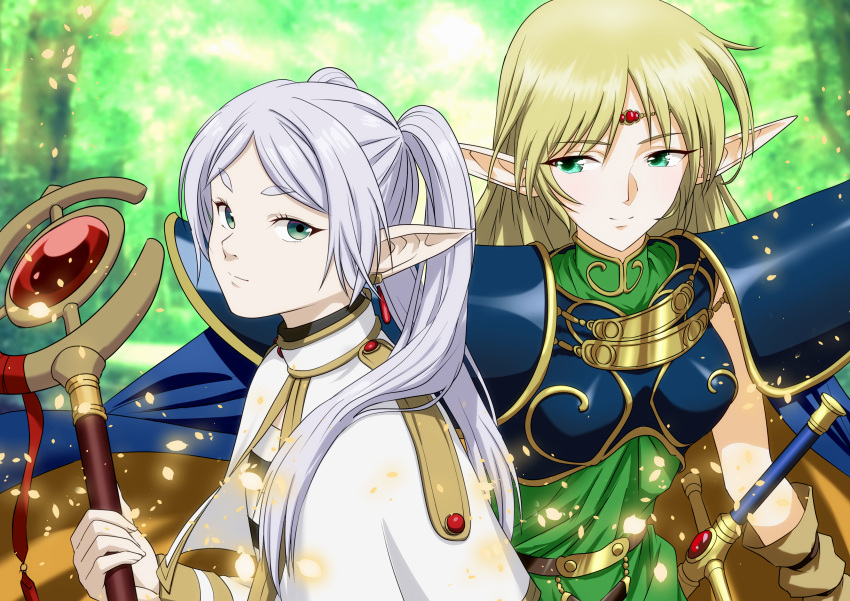 2girls absurdres armor blonde_hair blue_cape breastplate cape capelet cheesecake_(artist) circlet deedlit dress earrings elf frieren green_eyes grey_hair highres jewelry long_hair long_pointy_ears long_sleeves looking_at_another multiple_girls parted_bangs pointy_ears record_of_lodoss_war sheath sheathed shoulder_armor sousou_no_frieren species_connection sword twintails very_long_hair weapon white_capelet