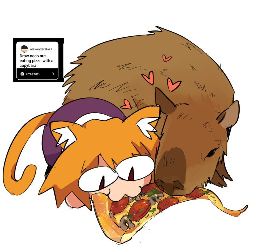 &lt;3 :3 ambiguous_gender animal_humanoid black_clothing black_feet black_footwear blonde_hair bread brown_body brown_fur capybara cat_humanoid cat_smile caviid cheese clothing curled_up dairy_products digital_drawing_(artwork) digital_media_(artwork) duo eating eating_food eating_pizza featureless_hands feet felid felid_humanoid feline feline_humanoid felis female feral food footwear fungus fur hair happy hi_res humanoid inner_ear_fluff instagram light_body light_skin loaf looking_at_food looking_at_object looking_down mammal mammal_humanoid mushroom neco-arc neco_spirit orange_hair orange_tail paccha_(artist) pepperoni pepperoni_pizza pizza pizza_slice pupils purple_body purple_skin red_pupils rodent seasoning shaded simple_background slit_pupils sweater tail topwear tsukihime tuft type-moon white_background white_clothing white_inner_ear_fluff white_sweater white_topwear