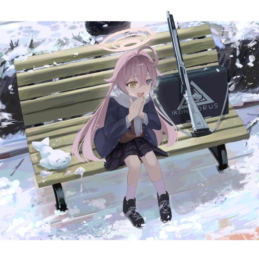 1girl :d absurdres ahoge bench black_footwear black_skirt blue_archive blue_eyes blush breath character_snowman commentary crossed_bangs day dolphin from_above full_body gun hair_between_eyes halo hands_up hetero highres hoshino_(blue_archive) kneehighs kosh long_hair miniskirt open_mouth outdoors own_hands_clasped own_hands_together park_bench pink_hair pink_halo plaid plaid_skirt rifle scarf shoes sitting_on_bench skirt smile sneakers snow socks solo very_long_hair visible_air weapon white_scarf white_socks winter winter_clothes yellow_eyes