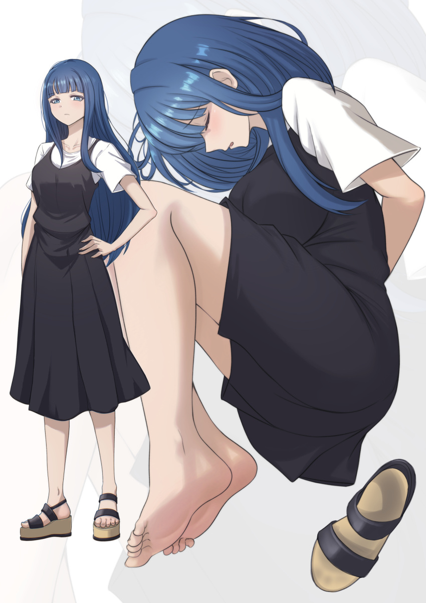 1girl absurdres arms_behind_back barefoot black_dress blue_eyes blue_hair blunt_bangs blush breasts closed_eyes commentary commission dress english_commentary feet footprints full_body ghhoward grey_background hand_on_own_hip highres knees_up large_breasts legs long_hair magia_record:_mahou_shoujo_madoka_magica_gaiden mahou_shoujo_madoka_magica multiple_views nanami_yachiyo open_mouth pixiv_commission platform_footwear pleated_dress restrained sandals shirt short_sleeves soles toenails toes unworn_sandals white_shirt zoom_layer