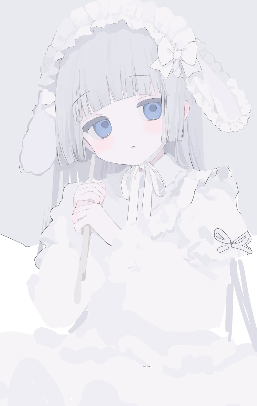 1girl 33bun3 :o absurdres blue_eyes blush bow collar commentary dot_nose dress frilled_collar frills grey_hair highres hime_cut holding holding_umbrella looking_at_viewer maid_headdress original parted_lips ribbon sketch symbol-only_commentary umbrella upper_body white_bow white_dress white_ribbon white_theme
