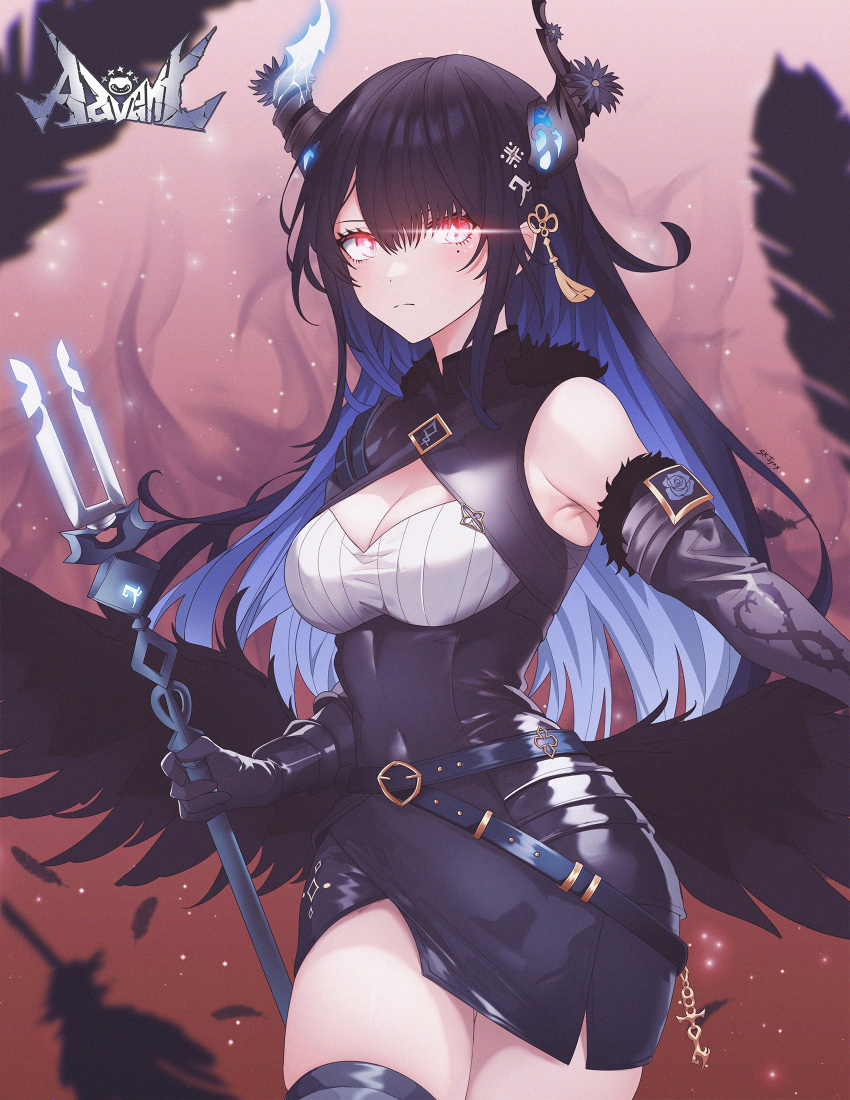 1girl alternate_costume armpit_peek asymmetrical_horns bare_shoulders belt black_belt black_dress black_feathers black_gloves black_hair black_horns black_thighhighs black_wings blue_hair breasts cleavage_cutout closed_mouth clothing_cutout colored_inner_hair commentary covered_navel cowboy_shot detached_sleeves dress elbow_gloves english_commentary expressionless eye_trail falling_feathers feathered_wings feathers gloves glowing glowing_eyes glowing_horns gradient_background hair_ornament highres holding holding_staff hololive hololive_english horns light_trail long_hair looking_at_viewer low_wings medium_breasts mole mole_under_eye multicolored_background multicolored_hair nerissa_ravencroft parted_bangs pink_background red_background red_eyes short_dress side_slit sk_jynx skin_tight sleeveless sleeveless_dress solo staff thighhighs thighs two-tone_hair uneven_horns virtual_youtuber wings