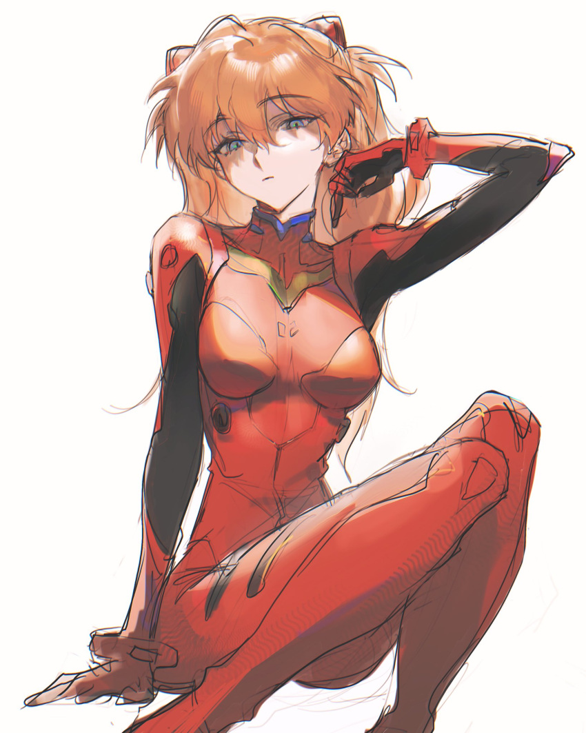 1girl adjusting_hair arms_at_sides blue_eyes bodysuit breasts closed_mouth commentary hair_between_eyes hand_on_ground hand_up highres interface_headset knees_up large_breasts lecl_(recieru) light_frown long_hair looking_at_viewer narrowed_eyes neon_genesis_evangelion on_ground pilot_suit plugsuit red_bodysuit red_hair shaded_face sitting sketch skin_tight solo souryuu_asuka_langley white_background