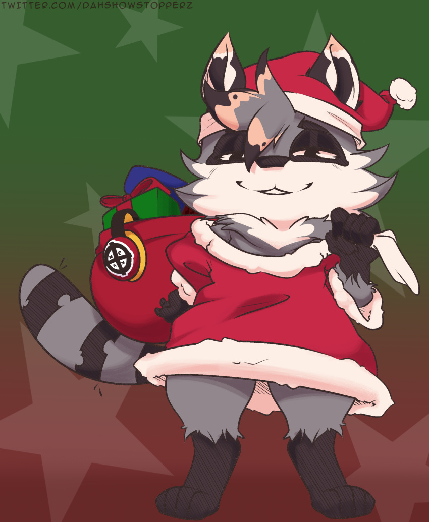 absurd_res anthro barefoot black_eyes brown_body brown_fur christmas christmas_clothing christmas_headwear clothing dah_showstopperz feet fur gift grey_body grey_fur hair hat headgear headwear hi_res holidays looking_at_viewer mammal markings miko's_trash_can procyonid raccoon santa_hat short_stack smile smiling_at_viewer solo solo_focus standing star striped_markings striped_tail stripes tail tail_markings tuft white_body white_fur