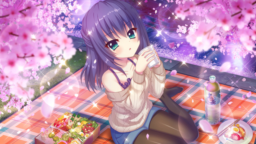 1girl aqua_eyes argyle argyle_sweater bare_shoulders bento black_pantyhose blanket blue_hair blue_shorts bottle cherry_blossoms chopsticks collarbone cup dot_nose film_grain food_request from_above game_cg grass hanami hardboiled_egg holding holding_cup honjou_kasumi izumi_tsubasu lens_flare looking_at_viewer medium_hair night no_shoes non-web_source off-shoulder_sweater off_shoulder official_art outdoors pantyhose paper_plate parted_lips picnic plaid plaid_blanket plate re:stage! shorts sitting solo sparkle sweater wariza water