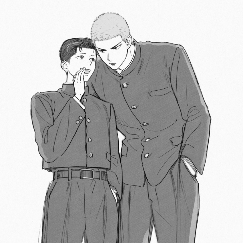 2boys belt black_eyes buzz_cut cowboy_shot gakuran greyscale hanami7kawa11 hand_in_pocket height_difference highres jacket looking_at_another mito_youhei monochrome multiple_boys pants pompadour sakuragi_hanamichi school_uniform shirt_tucked_in short_hair slam_dunk_(series) smile very_short_hair whispering