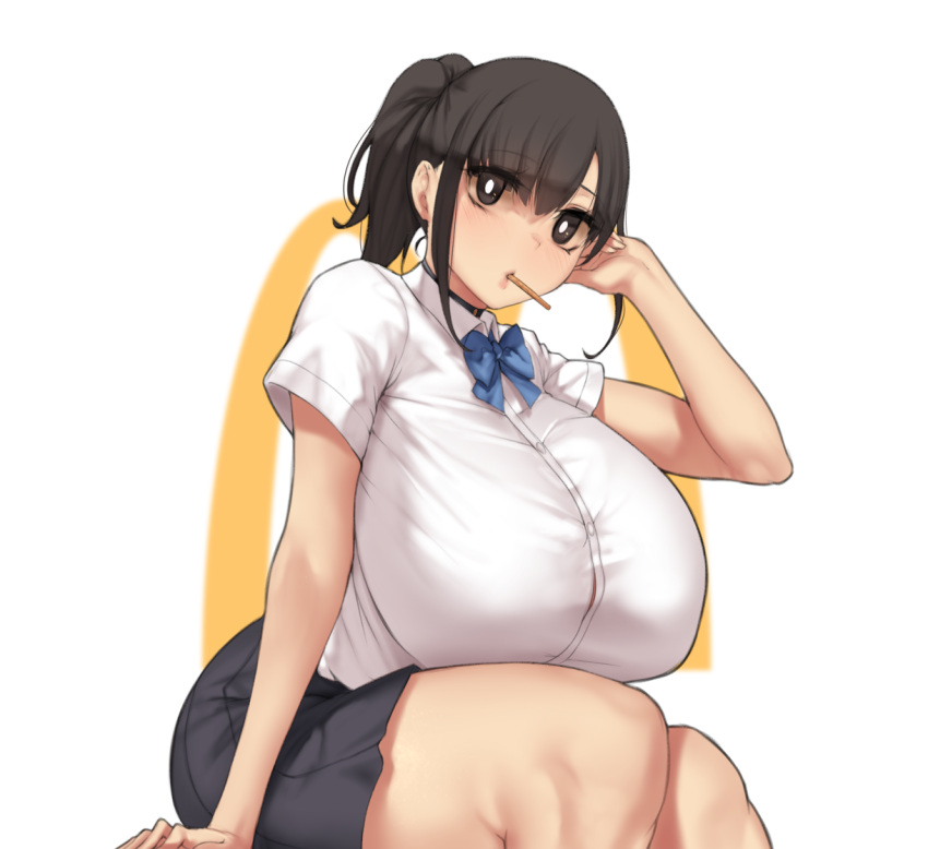 1girl adjusting_hair alternate_breast_size aster_crowley black_choker black_hair blue_bow blue_bowtie bow bowtie breasts bright_pupils choker english_commentary food_in_mouth girlfriend_(yoru_mac) huge_breasts light_blush looking_at_viewer mcdonald's mouth_hold pleated_skirt ponytail school_uniform shirt short_sleeves sitting skirt solo thick_thighs thighs white_background white_pupils white_shirt yoru_mac