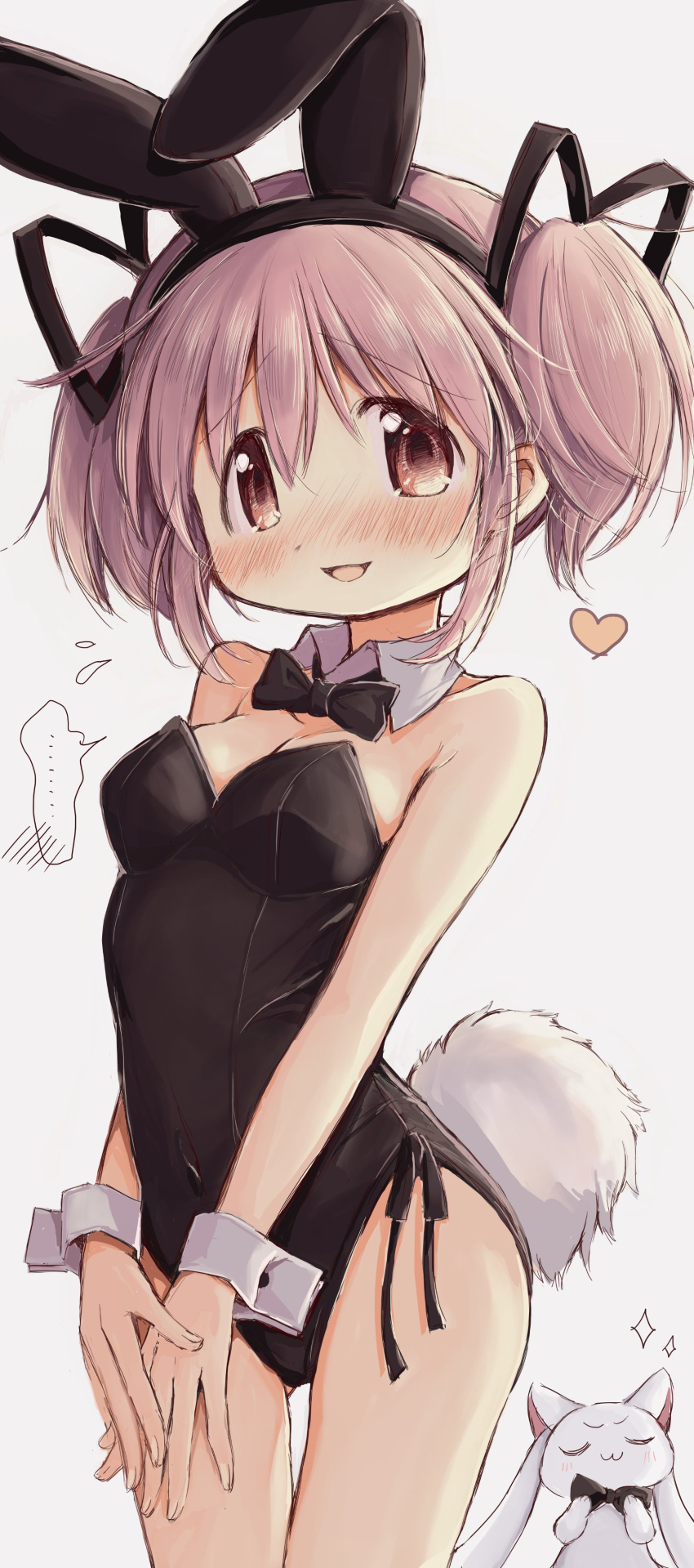 ... 1girl absurdres alternate_breast_size animal_ears bare_arms bare_shoulders black_bow black_bowtie black_leotard blush bow bowtie breasts commentary cowboy_shot detached_collar flying_sweatdrops heart highleg highleg_leotard highres hitode kaname_madoka kyubey leotard looking_at_viewer mahou_shoujo_madoka_magica medium_breasts nose_blush open_mouth pink_eyes pink_hair playboy_bunny rabbit_ears rabbit_tail short_hair side-tie_leotard simple_background speech_bubble spoken_ellipsis strapless strapless_leotard tail thigh_gap twintails white_background wrist_cuffs