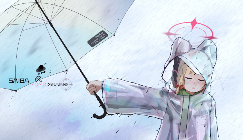 1girl absurdres animal_ear_headphones animal_ears blonde_hair blue_archive blush bow crying dsfr fake_animal_ears green_scarf hair_bow halo headphones highres holding holding_umbrella jacket long_sleeves momoi_(blue_archive) open_mouth raincoat red_bow red_halo scarf short_hair solo transparent_raincoat umbrella upper_body white_jacket