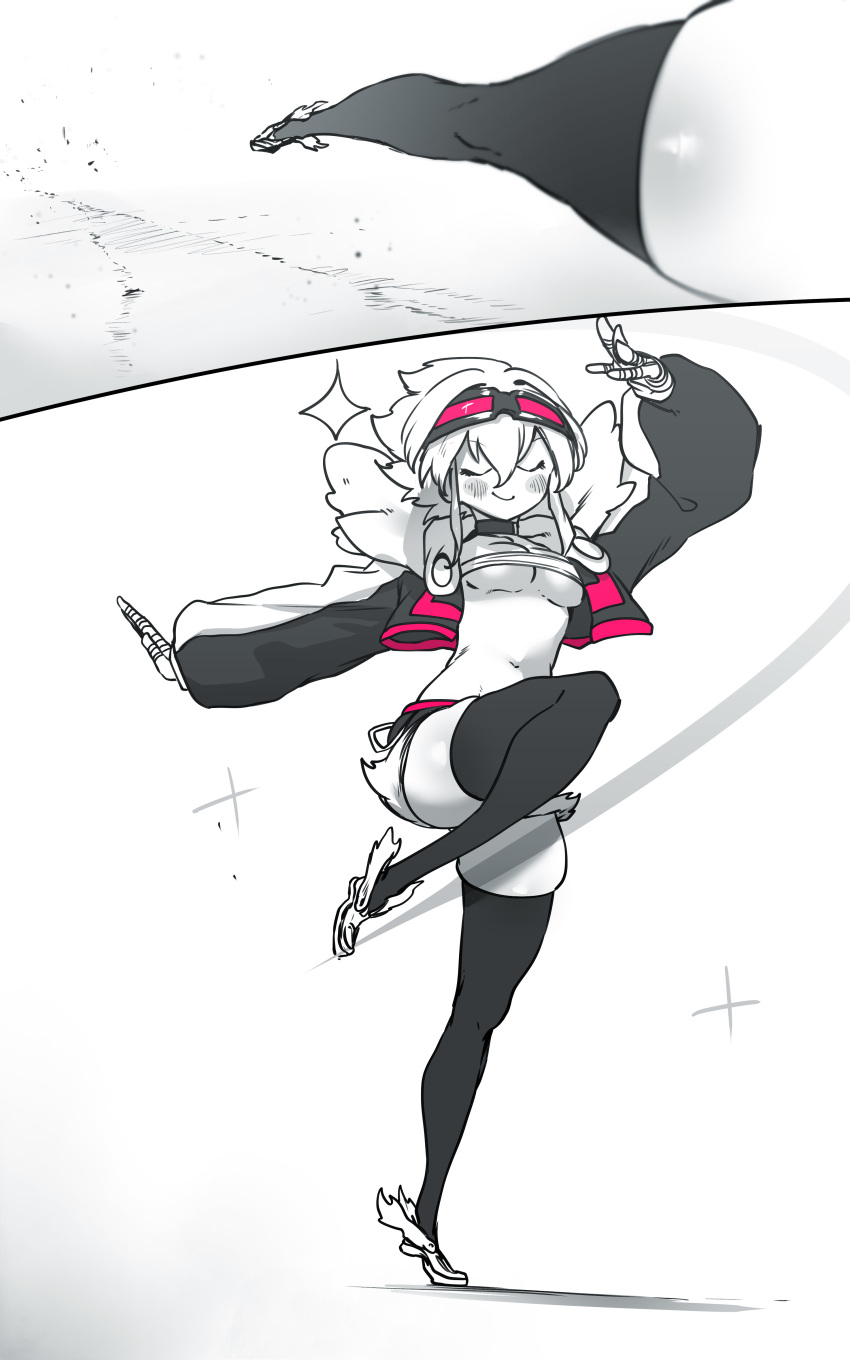 1girl absurdres bandaged_hand bandages black_shorts black_thighhighs breasts cleavage closed_eyes cropped_jacket foreshortening goggles goggles_on_head greyscale hand_gesture highres light_blush long_sleeves monochrome motion_blur motion_lines multiple_views navel niwamaru_(niwarhythm) niwarhythm original pants pink_eyes pink_trim posing shadow shiny_skin short_shorts shorts smile solo sparkle spot_color standing standing_on_one_leg strapless thick_thighs thigh_focus thighhighs thighs torn_clothes torn_pants tube_top underboob white_footwear white_hair