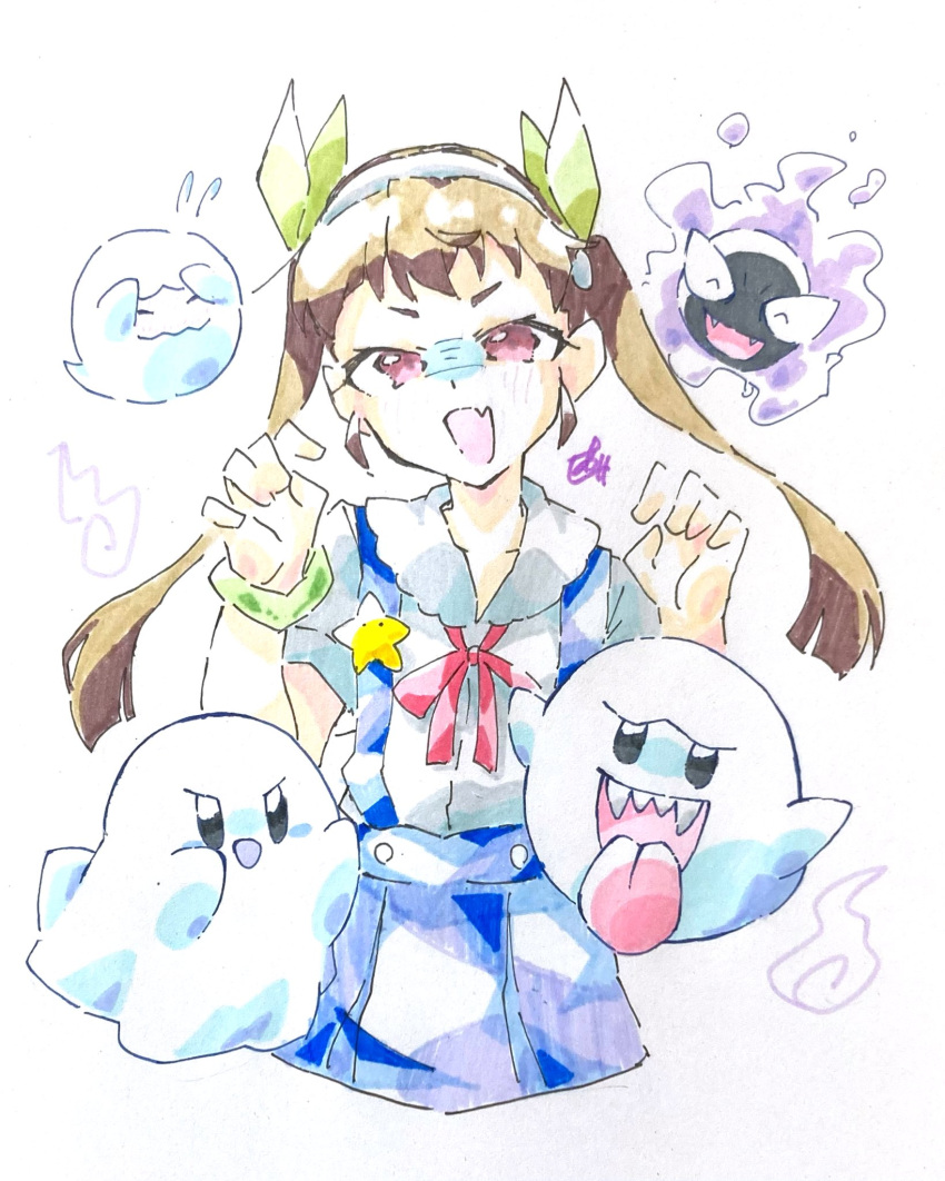 1girl bakemonogatari blue_sky boo_(mario) bow bowtie brown_hair collarbone copyright_request cropped_legs fang gastly ghost green_bracelet green_ribbon hachikuji_mayoi hair_ribbon hairband hands_up highres kirby kirby_(series) long_hair looking_at_viewer mario_(series) monogatari_(series) neck_ribbon open_mouth pink_bow pink_bowtie pink_eyes pink_ribbon pleated_skirt pokemon pokemon_(creature) ribbon school_uniform shirt short_sleeves sidelocks signature sketch skin_fang skirt sky star_(symbol) suspender_skirt suspenders taste_colorful trait_connection twintails white_hairband white_shirt