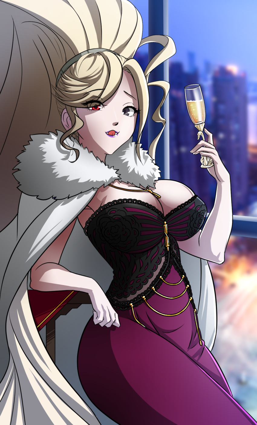 alcohol breasts building cleavage dress feather_boa heterochromia high_ponytail highres hilda_(under_night_in-birth) jewelry large_breasts long_hair necklace pink_dress pink_lips ponytail rowanism skyscraper swept_bangs under_night_in-birth very_long_hair wine