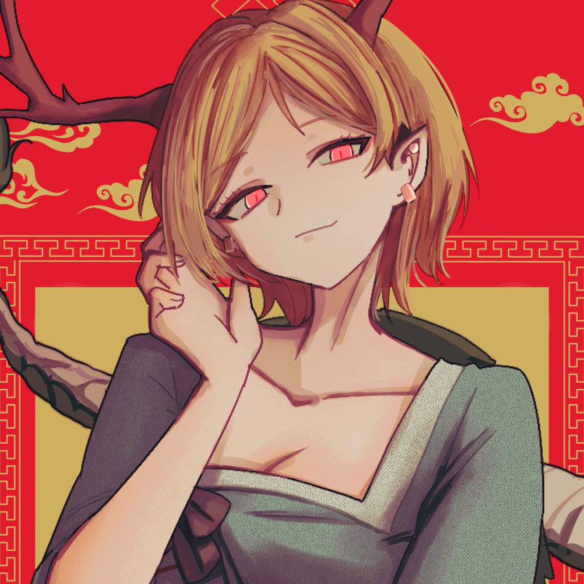 1girl absurdres antlers blonde_hair blue_shirt collarbone dragon_girl dragon_horns dragon_tail earrings highres horns jewelry kicchou_yachie looking_at_viewer mesuosushi pointy_ears red_eyes shirt short_hair square_neckline tail touhou turtle_shell