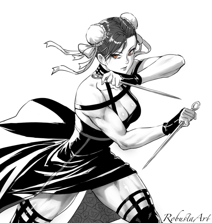 1girl bare_shoulders black_dress black_gloves black_hair breasts chun-li cleavage collarbone cosplay dagger dress earrings gloves gold_earrings gold_hairband hairband highres holding holding_dagger holding_knife holding_weapon jewelry knife looking_at_viewer muscular muscular_female reverse_grip robusta_mania solo spy_x_family stiletto_(weapon) street_fighter twitter_username two-sided_dress two-sided_fabric weapon white_background yor_briar yor_briar_(cosplay)