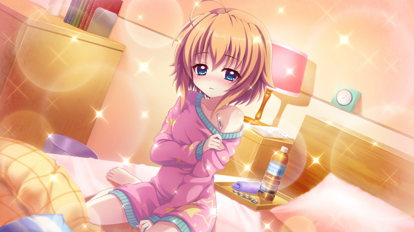 1girl ahoge analog_clock between_legs blue_eyes blush book bottle breasts chest_of_drawers clock collarbone desk_lamp digital_thermometer dot_nose dutch_angle fever film_grain game_cg hand_between_legs hand_on_own_arm izumi_tsubasu lamp lens_flare looking_at_viewer medicine non-web_source official_art on_bed orange_hair oversized_clothes oversized_shirt pajamas parted_lips pill pillow pink_pajamas pink_shirt purple_towel re:stage! shikimiya_mana shirt short_hair sick sidelocks single_off_shoulder sitting small_breasts solo sparkle star_(symbol) star_print thermometer tray wariza water_bottle
