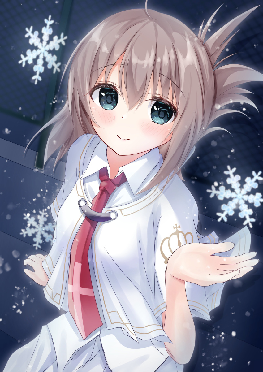 1girl absurdres aqua_eyes blush brown_hair capelet closed_mouth collared_shirt commentary_request eyelashes fence folded_ponytail from_above hand_up highres looking_at_viewer medium_hair necktie night outdoors red_necktie school_uniform shirt smile snowflakes snowing solo subarashiki_hibi tachibana_kimika tuwabuki70yuta upper_body white_capelet white_shirt