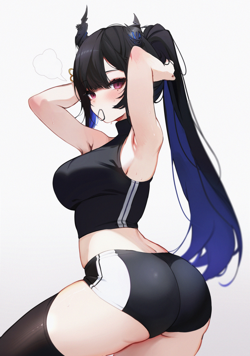 1girl absurdres armpits arms_up ass asymmetrical_horns bare_arms bare_shoulders black_hair black_shirt black_thighhighs blue_hair breasts colored_inner_hair commentary crop_top demon_horns hair_tie_in_mouth highres hololive hololive_english horns koahri large_breasts long_hair looking_at_viewer midriff mole mole_under_eye mouth_hold multicolored_hair nerissa_ravencroft ponytail red_eyes shirt sleeveless sleeveless_shirt solo thighhighs thighs very_long_hair virtual_youtuber