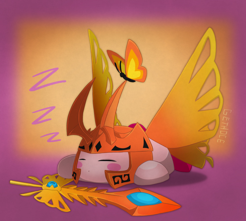bug butterfly closed_eyes closed_mouth commentary_request copy_ability gethoce highres kirby kirby_(series) kirby_and_the_forgotten_land morpho_knight morpho_knight_sword_kirby sleeping