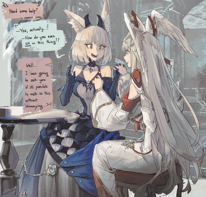 2girls animal_ear_fluff animal_ears cat_ears chair cosplay costume_switch dress english_text facial_mark fang grey_hair head_wings highres long_dress long_hair melia_antiqua multiple_girls nia_(xenoblade) onepointzero open_mouth sitting smile speech_bubble table very_long_hair whisker_markings wings xenoblade_chronicles_(series) xenoblade_chronicles_3 yellow_eyes